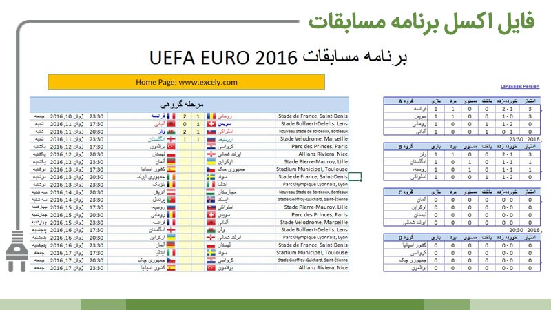 برنامه و صفحه نتایج مسابقات یورو 2016 در اکسل